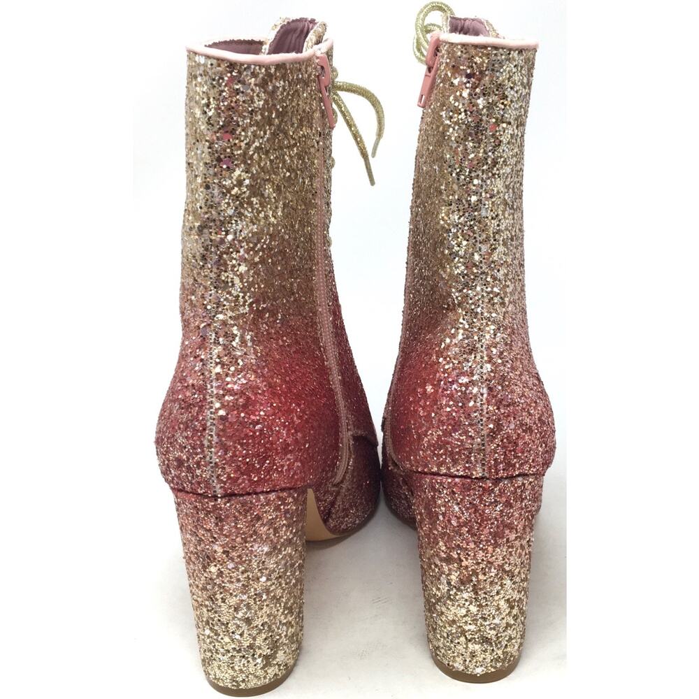 Glitter Ombre Lace Up High Heel Boots Gold Pink Block Heel Party Shoes Size 9 - Picture 6 of 7